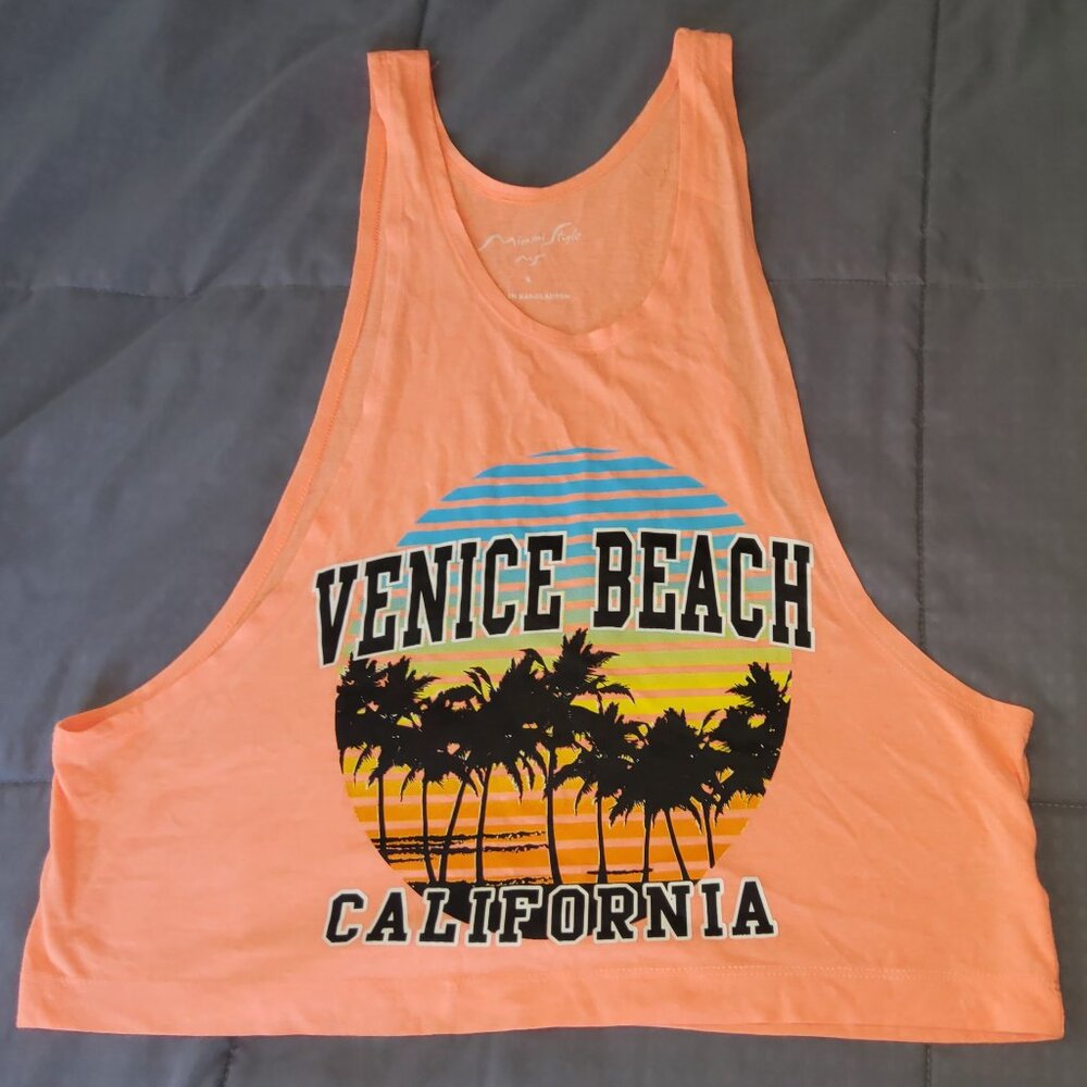 Retro Venice Beach Graphic Muscle Tank Top Neon Orange Crop Palm Tree EUC